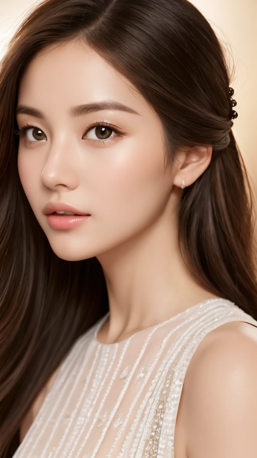 best quality、realistic、Photoreal、very detailed、very delicate and beautiful、RAW photo、professional lighting、facial light、Depth of the bounds written、focus only、Full body Esbian,1 woman (beach at night):1.4)、brown haired、brown eyes、small head、beautiful eyes、dark eyeliner、very big breasts、real face、real skin、lifelike face、real looking skin、detailed eye、detailed facial features、Detailed clothing characteristics、(fashion clothing:1.3) ), (fashion hairstyles: 1.3)、 looking at the viewer, simple background, Magnificent face and big, beautiful teeth、