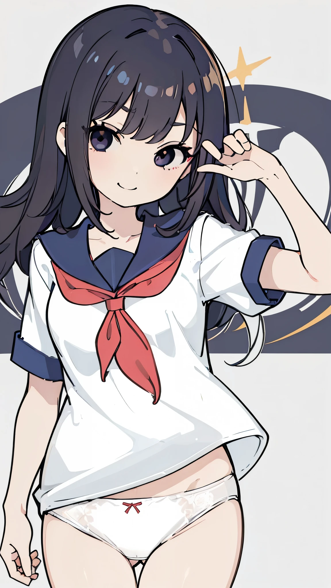 ((masterpiece、highest quality、Super detailed))、One girl、Black Hair、short hair、Wavy Hair、Black eyes、smile、Moderate breasts、((serafuku))、((kirtlift))、((white panties))、Cowboy Shot、(Simple Background:0.3), (Round eyes:0.7)

