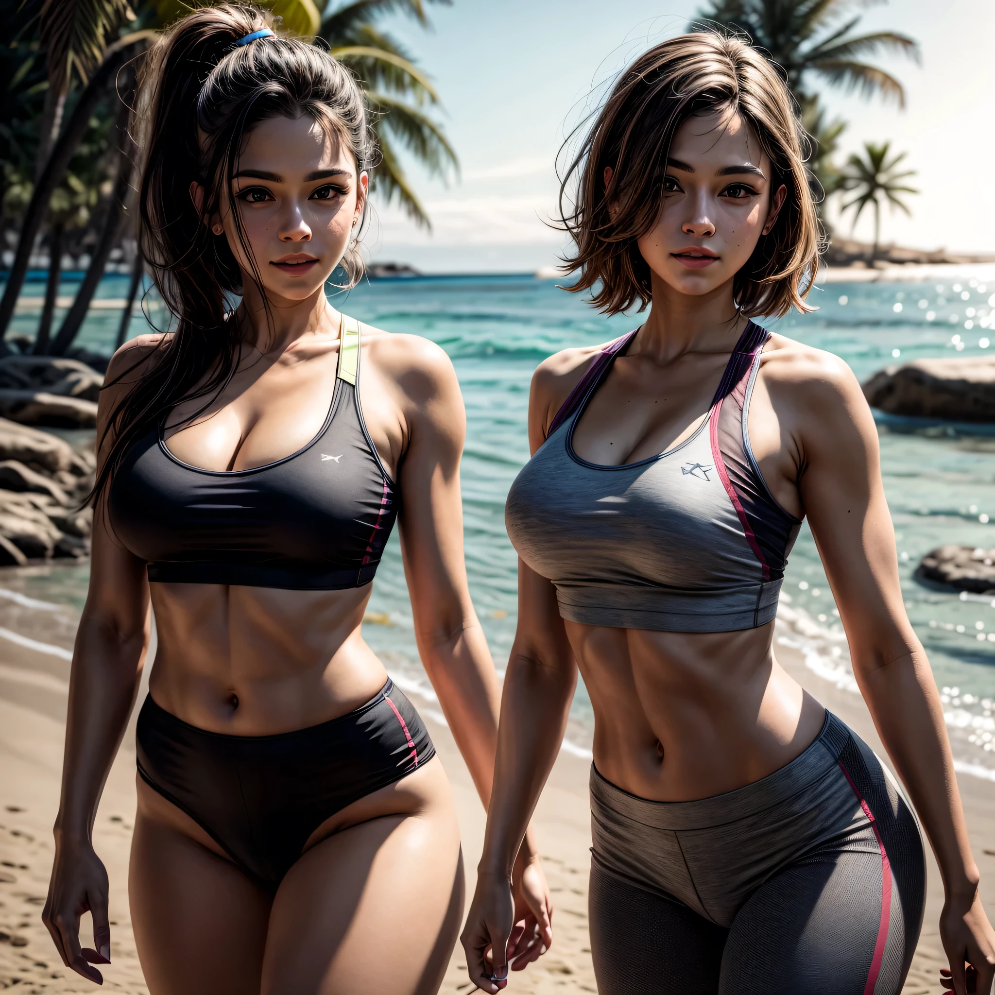 ((best quality: 1.2)) ((masterpiece, extremely intricate:1.3)), soft focus, professional, real life, realistic representation of the face, dynamic pose, BREAK ((tomboy women, ((body tattoos:1.4, (red black white yoga pants, cameltoe, sports bra, shiny skin, outdoor, beach, sunset, women jogging together, smiling)), [ginger hair:blonde hair:0.8], ponytail, ([flat chest:medium breasts:0.9]), flexing, smiling, freckles: 0.5))), photorealistic, hyper-realistic, 8K
