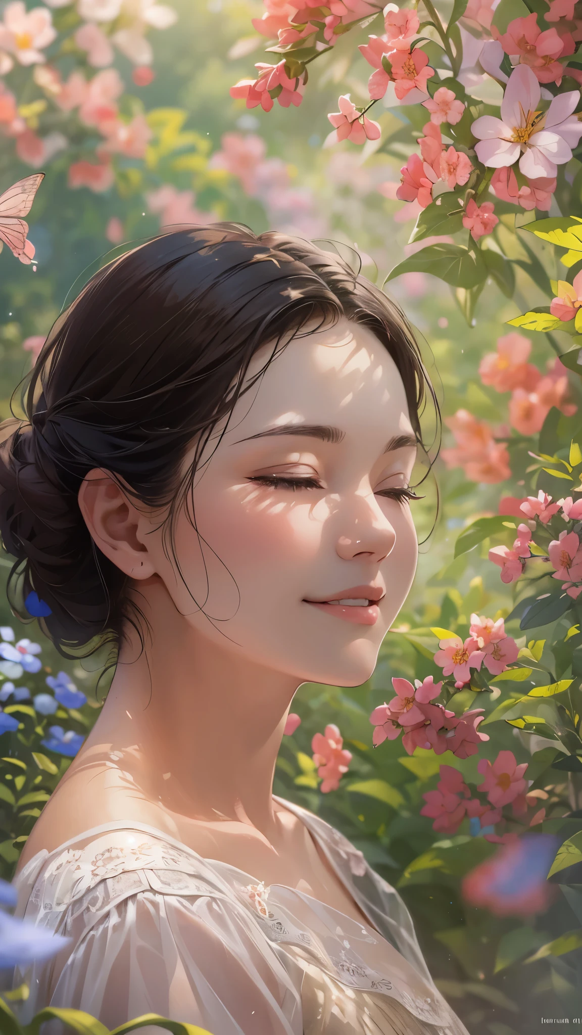 (best quality,4k,8k,highres,masterpiece:1.2),ultra-detailed,(realistic,photorealistic,photo-realistic:1.37),In a garden,pregnant woman,butterflies,serene atmosphere,soft sunlight,floral backdrop,gently caressing breeze,vibrant colors,beautiful detailed eyes,beautiful detailed lips,long eyelashes,pregnancy glow,nurturing hands and belly,blooming flowers around her,sense of calm and contentment,peaceful expression.

This is a prompt for a high-quality image generated by stable diffusion.。A picture of tranquility and harmony，Depicting a pregnant woman in a garden，Butterflies flutter around her。In the picture, gentle sunlight shines on her through the leaves.，Flowers bloom in a variety of bright colors。This woman has a pair of beautiful and delicate eyes，The soft sunlight sets off her sweet smile，The long eyelashes dance gently。Her hands gently stroked her belly，Demonstrating a maternal strength。Around her，The flowers are blooming so beautifully，Create an atmosphere of tranquility and peace。The whole picture exudes a sense of peace and contentment。