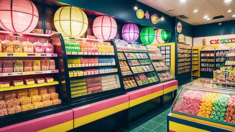 Showa candy shop、Japan candy shop、Sweets and snacks in the store、There are lots of things to play with and play equipment、kite、top、Menco、Marble。Playing、Surprise Ball、pistol、firework、balloon、Beigoma、Model、ミニカなどが並んでいるShowa candy shop、