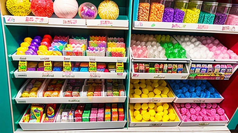 Showa candy shop、Japan candy shop、Sweets and snacks in the store、There are lots of things to play with and play equipment、kite、top、Menco、Marble。Playing、Surprise Ball、pistol、firework、balloon、Beigoma、Model、ミニカなどが並んでいるShowa candy shop、