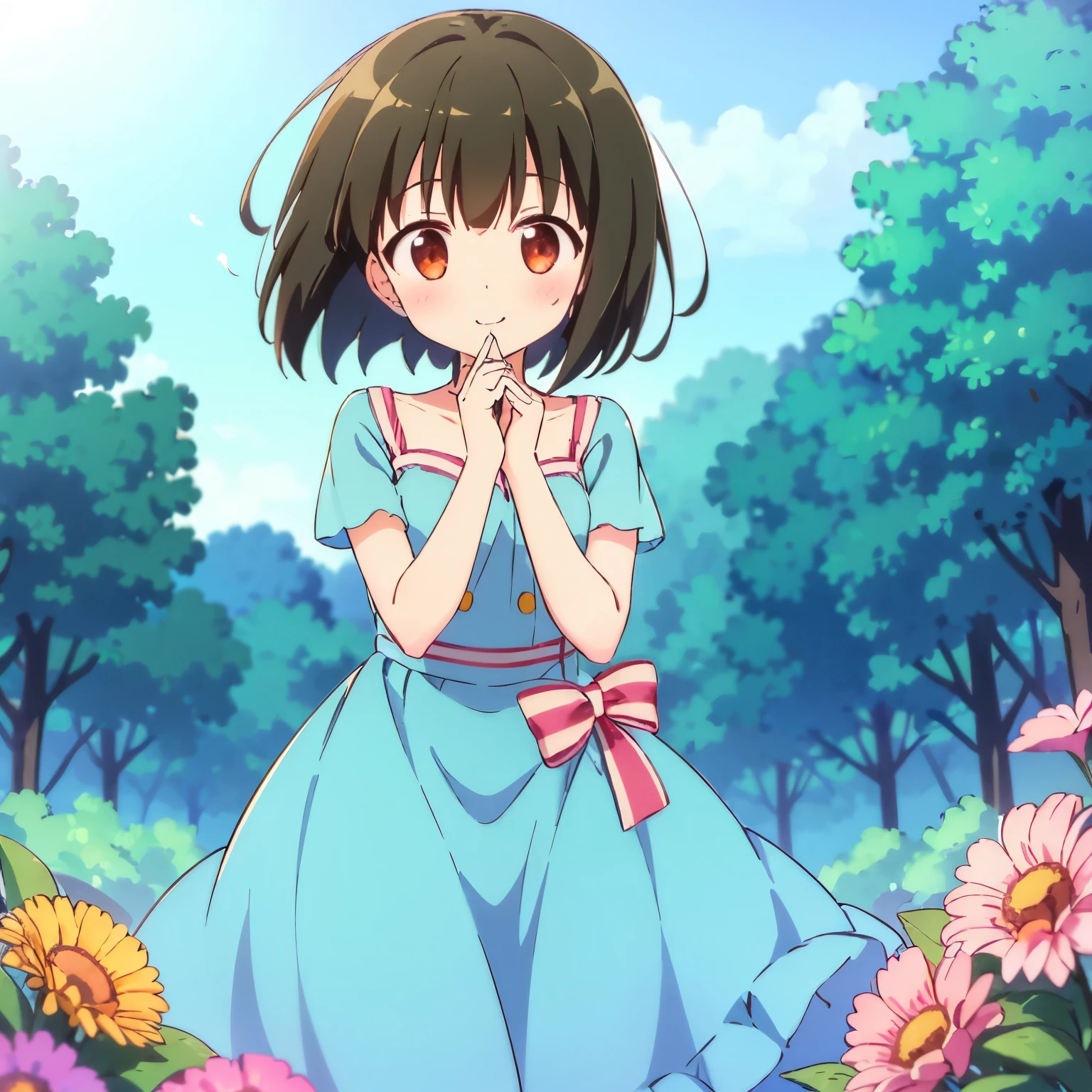 Happy short haired girl among flowers