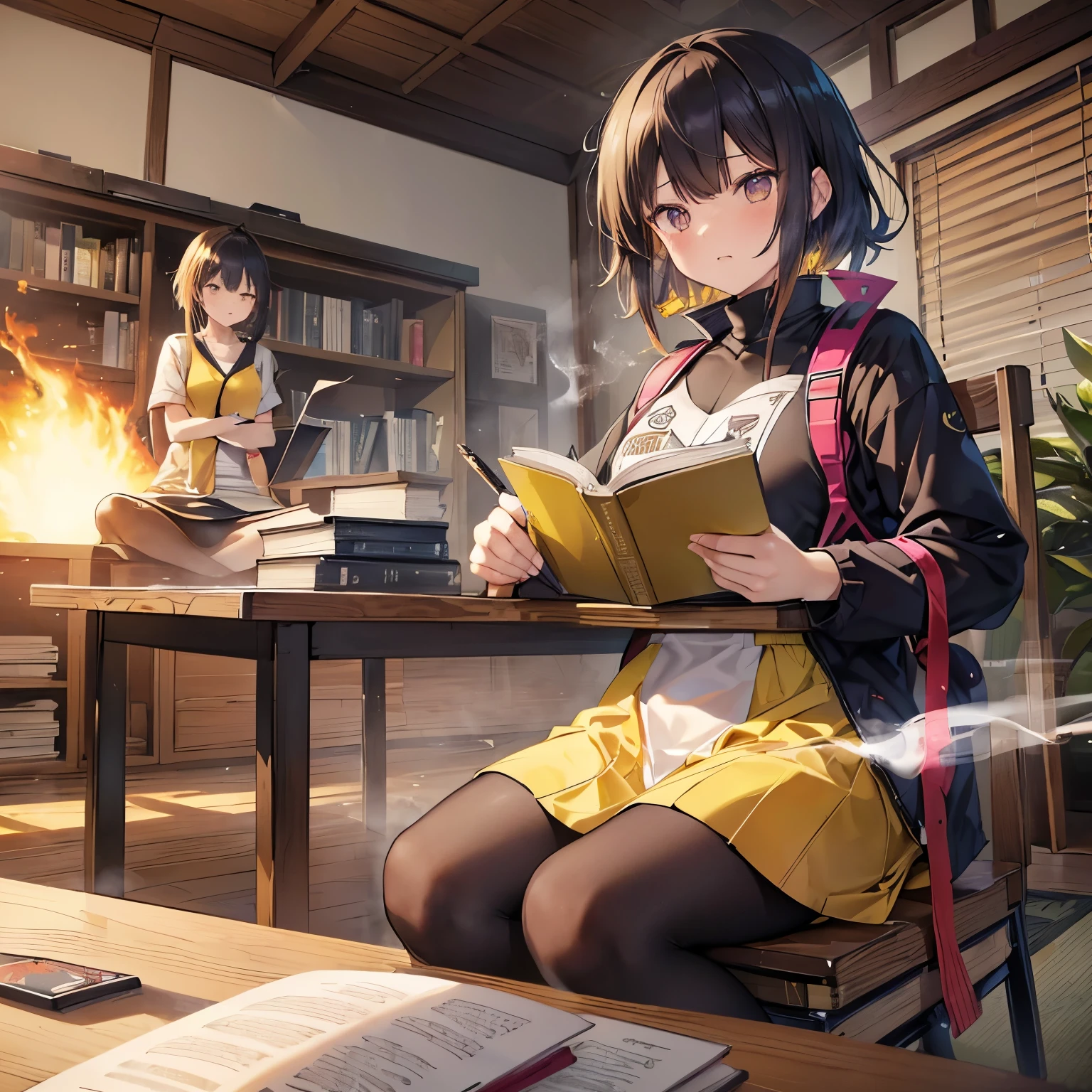 ((kugisaki nobara)),((velocity)),Yellow smoke,Attacked by farts, (((Women sitting in a chair and writing with a book on the table)),velocity,(Yellow smoke is rising),i&#39;i&#39;i&#39;i&#39;i&#39;i&#39;classroom)),((One Woman)),((A girl smells a fart and smiled faintly)),((fart while writing)),((blushing)),best quality,detailed,masterpiece:1.2、top-quality)、(the Extremely Detailed CG Unity 8K Wallpapers、ultra-detailliert、Best Shadows)、(Detailed background)、(The best lighting、extremely delicate and beautiful)、depth of fields、1girl in、solo、looking arround her,Women wear jujutsu ,Ephemeral,,(brownhair),(jujutsu outfit)),((((Girl is embarassed when she smells the bad smell of farts)))),outfit like a jujutsu witch,((((profile facing diagonally)))),((i&#39;I closed my mouth with hand feel embarassed...)),(()),((embarassing look)),((massive fart)),((fart text))