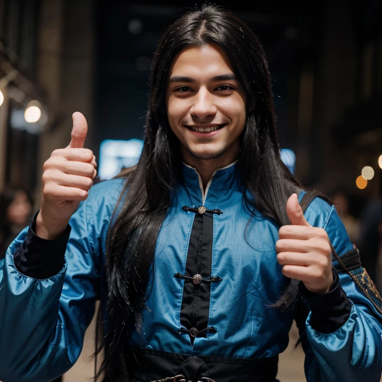 ,vivid colors,bokeh,medieval mage,blue clothing,smiling,young,black long hair,thumbs up,anime,man