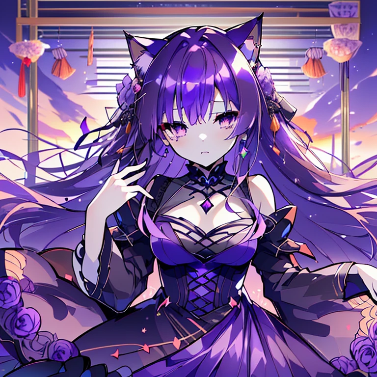 (High resolution,highest quality,masterpiece,wonderful)Purple Hair,Long Hair,Purple Eyes,Sharp Eyes,Earrings,Cat ear,dress,スリットdress,gem,gorgeous,Many flowers bloom in profusion,Sunset,dusk,Looking into the distance,beautiful,tears