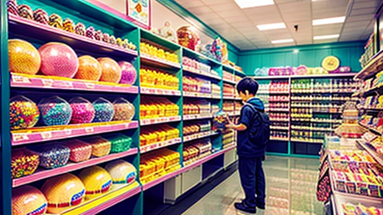 Showa candy shop、Japan candy shop、Sweets and snacks in the store、There are lots of things to play with and play equipment、kite、top、Menco、Marble。Playing、Surprise Ball、pistol、firework、balloon、Beigoma、Model、ミニカなどが並んでいるShowa candy shop、Children shopping at a candy store、