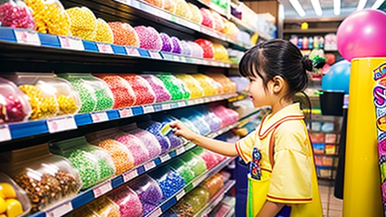 Showa candy shop、Japan candy shop、Sweets and snacks in the store、There are lots of things to play with and play equipment、kite、top、Menco、Marble。Playing、Surprise Ball、pistol、firework、balloon、Beigoma、Model、ミニカなどが並んでいるShowa candy shop、Children shopping at a candy store、