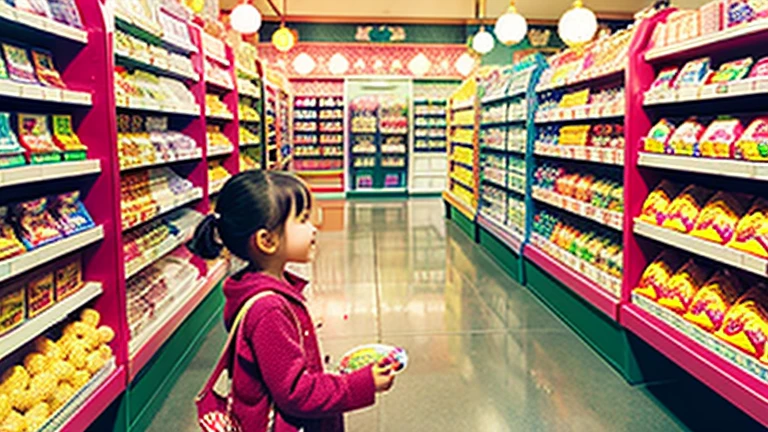 Showa candy shop、Japan candy shop、Sweets and snacks in the store、There are lots of things to play with and play equipment、kite、top、Menco、Marble。Playing、Surprise Ball、pistol、firework、balloon、Beigoma、Model、ミニカなどが並んでいるShowa candy shop、Children shopping at a candy store、
