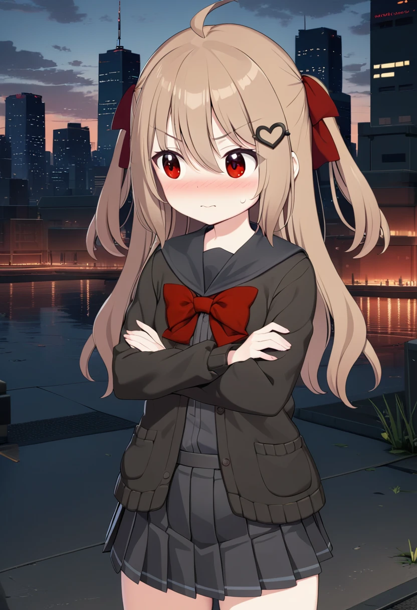 1girl, evil neuro-sama, (yuzu modoki), flying sweatdrops, nose blush, looking to the side, embarassed, cowboy shot, turtle, star \(symbol\), black skirt, pleated skirt, red eyes, red bow, black sailor collar, black cardigan, open cardigan, dark red ribbon, hair ribbon, two side up, ahoge, heart hair ornament, long sleeves, crossed arms, light brown hair, natural lighting, (masterpiece, best quality), cityscape, skyline, detailed scenery, (3d render:0.7), highly detailed, finely detailed 