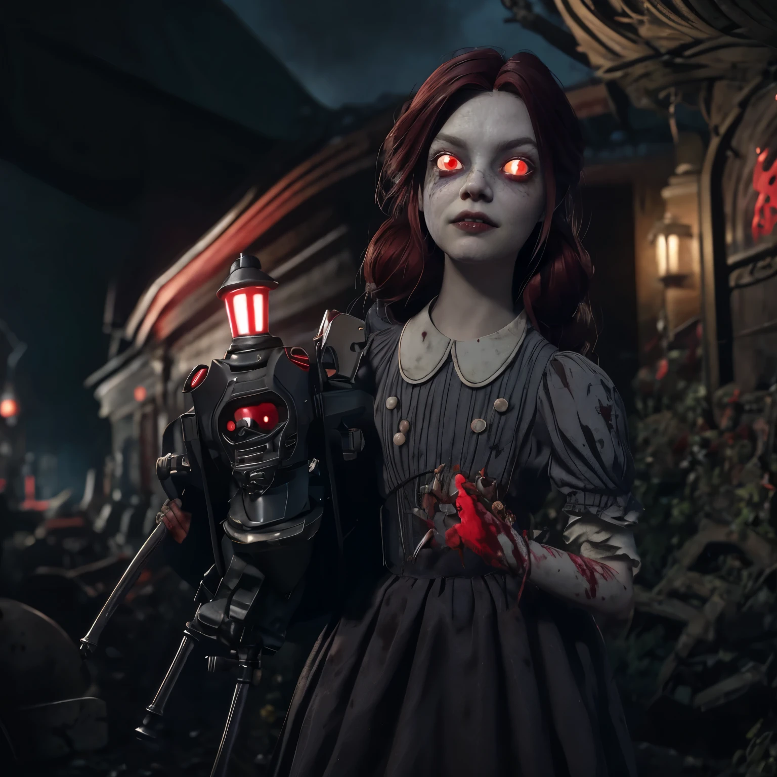 [(The hag entity sleep paralysis,red haired,creepy red eyes,fangs,pale skin,red wine claws,creepy white dress,bed,thin body,nice hands,nice fingers,nice legs,nice mouth,nice face,nice body,perfect anatomy)],[ girl ghoul,thin body,black fingers, red bright eyes,white short hair,grey skin,red fangs,little smile,long sleeves collar,cute,pretty,creepy doll)],[(woman and children kid girl)],mastean image of a beautiful cyberpunk  Mila Kunis fairy goth robot, orange eyes, black hair best quality, 8k, best quality, ultra-detailed,1girl, , 6 years old, 1girl, lilsis, dirty, blood, mu, black hair, dress, horror \(theme\), glowing eyes, creepycute, (graveyard:1.4)