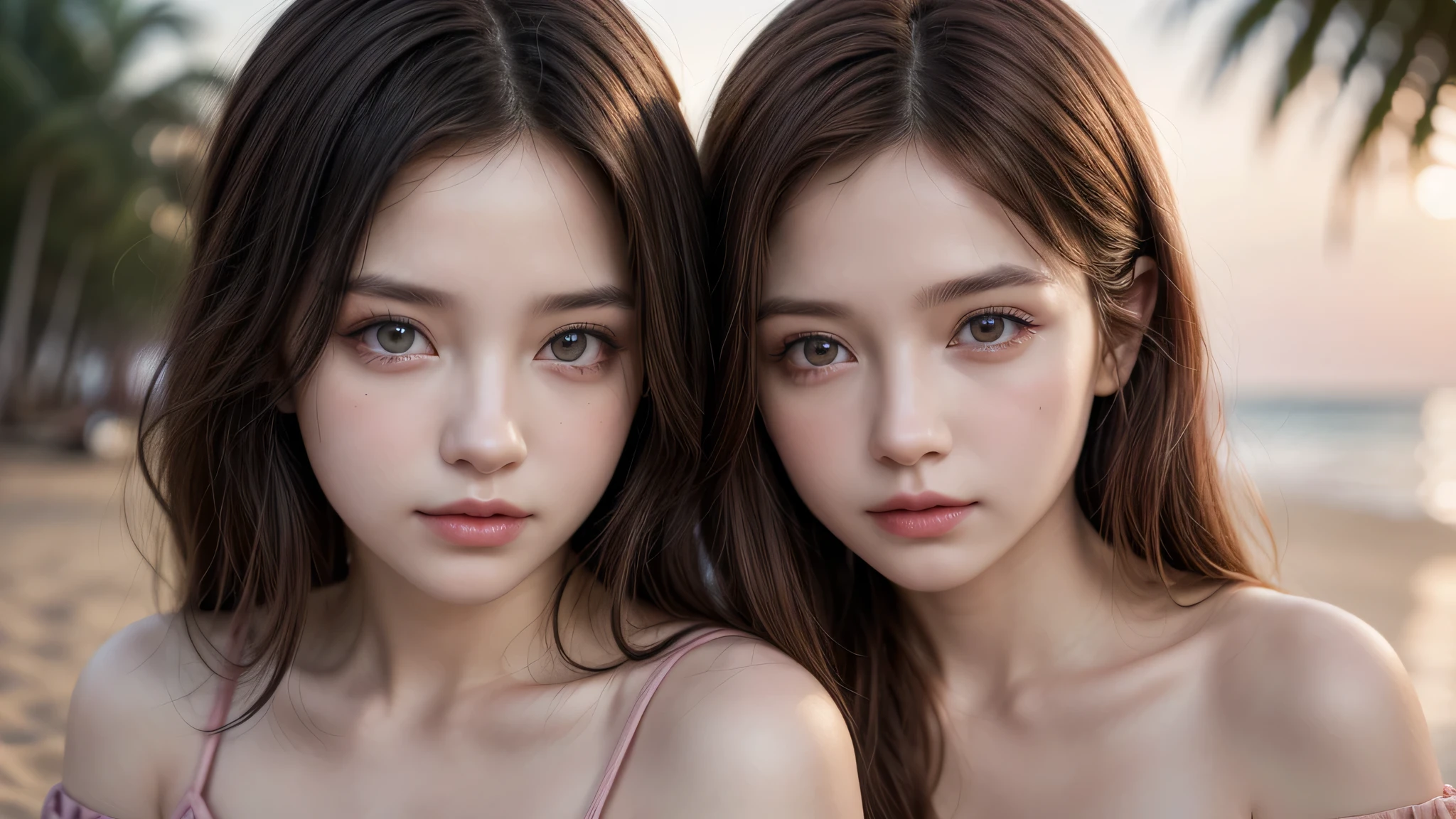 (2girl), (Ultra realistic, high res), (extremely detailed beautiful face), Amazing face and eyes, (Best Quality:1.4), (Ultra-detailed), (extremely detailed CG unified 8k wallpaper), Highly detailed, High-definition raw color photos, Professional Photography, Realistic portrait, Amazing face and eyes, Pink eyes, Brown hair, Model, off shoulder, sunset, beach, Palm tree