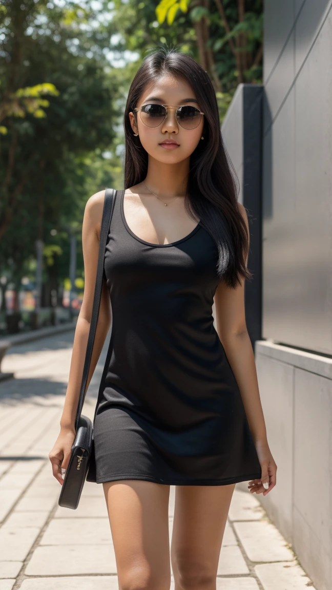 Picture taken with Sony A7RIV, realistic, 8K, Hi-Res picture, masterpiece, perfect shoot, detailed complicated background, Gorgeous twenty years old Indonesian girl, dark hair, natural body, wearing black mini dress paired with black sneakers, sun glasses, stand, sidewalk 