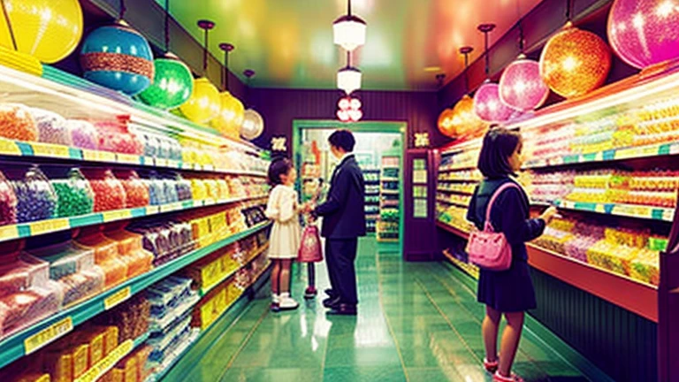 Showa candy shop、Japan candy shop、Sweets and snacks in the store、There are lots of things to play with and play equipment、kite、top、Menco、Marble。Playing、Surprise Ball、pistol、firework、balloon、Beigoma、Model、ミニカなどが並んでいるShowa candy shop、Children shopping at a candy store、1960Around the of、