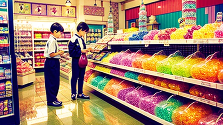 Showa candy shop、Japan candy shop、Sweets and snacks in the store、There are lots of things to play with and play equipment、kite、top、Menco、Marble。Playing、Surprise Ball、pistol、firework、balloon、Beigoma、Model、ミニカなどが並んでいるShowa candy shop、Children shopping at a candy store、1960Around the age of、