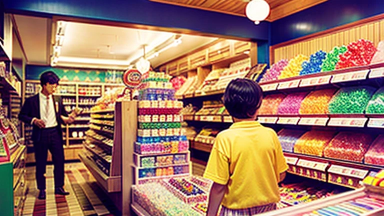 Showa candy shop、Japan candy shop、Sweets and snacks in the store、There are lots of things to play with and play equipment、kite、top、Menco、Marble。Playing、Surprise Ball、pistol、firework、balloon、Beigoma、Model、ミニカなどが並んでいるShowa candy shop、Children shopping at a candy store、1960Around the age of、1970Around the age of、