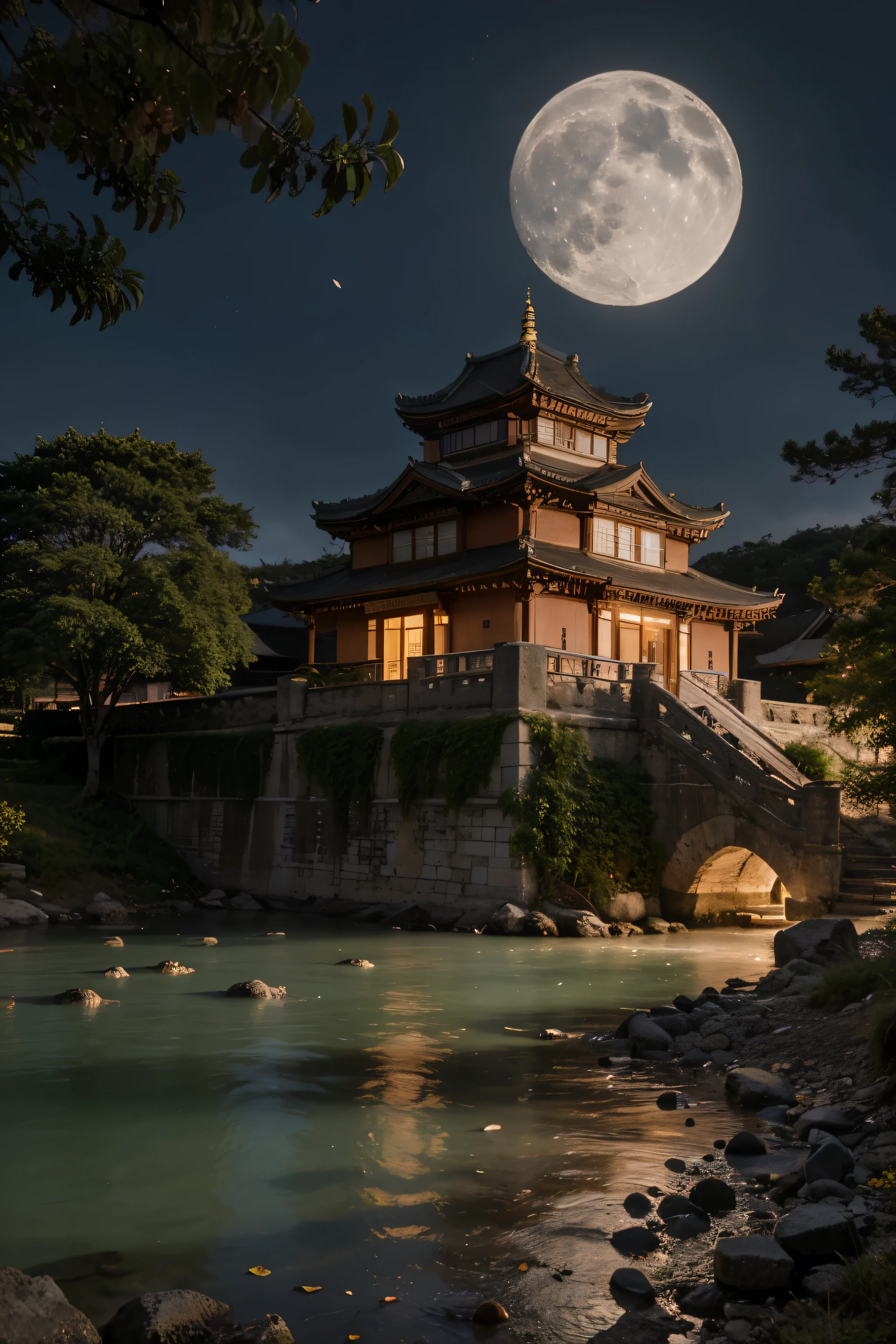 Asian style castle, Made from glowing jade, with moonlight, flower, tree, wind, ใบไม้ร่วงและกลีบflower