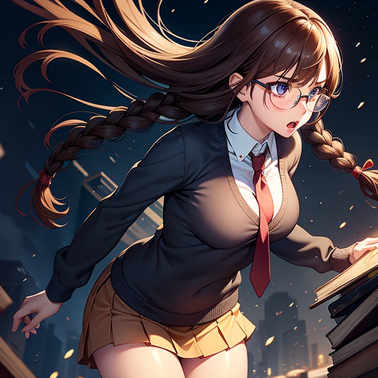 masterpiece, best quality, high resolution, UHD, 8k, ((cowboy shot)), BREAK, 1 girl, ((girl style anime)), Glossy skin, rounded eyes, beautiful eyelashes, realistic eyes, ((wearing glasses)), (detailed face, blushing:1.3), (photorealistic:1.2), sharp, Beauty of perfect body, shadow realistic perfect body, BREAK, medium breasts, ligth brown hair, with two long braids, wearing a blue school sweater with a red tie, miniskirt gray platead , shiny skin, BREAK, about to fall to the floor, shocked face, mouth open, with books in the air about to fall to the ground.