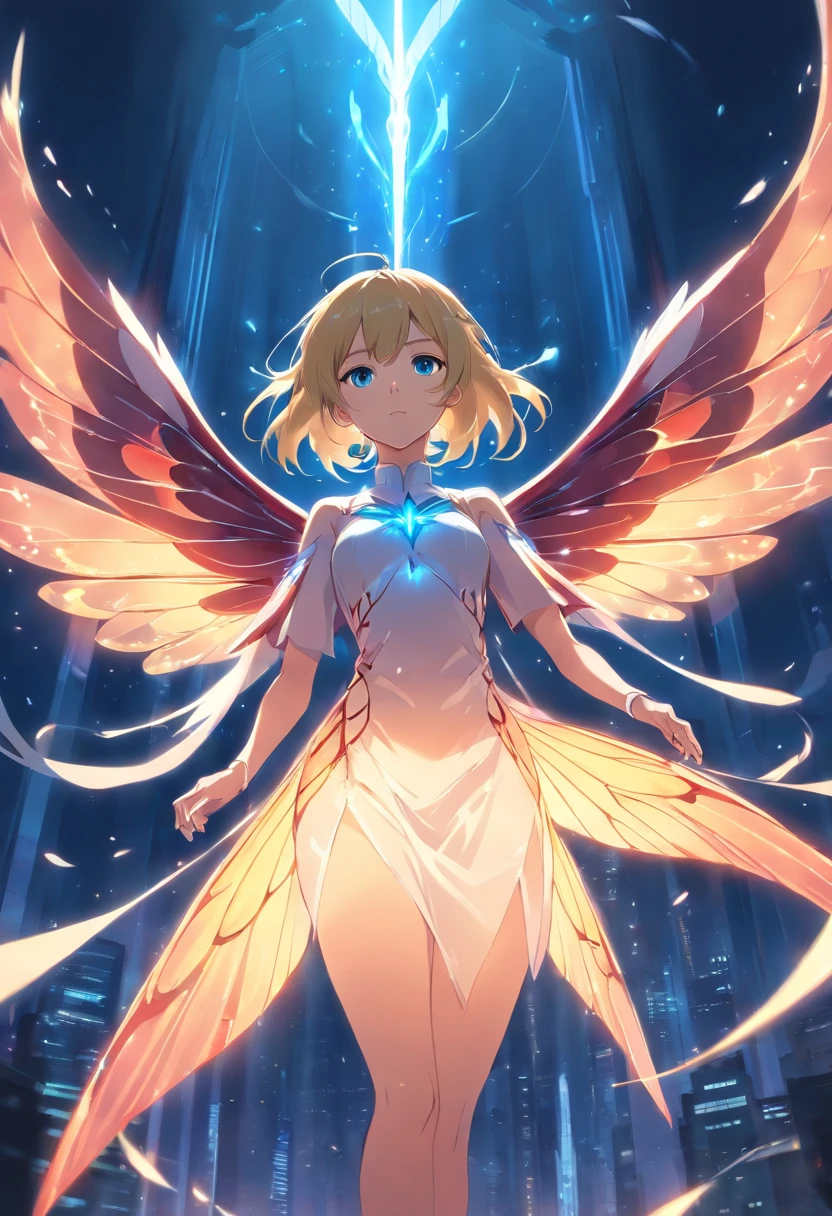 Evil woman, 8 massive gigantic glowing transparent wings butterfly seraph, dark room, close up, from below, menacing, blonde hair, blue eyes