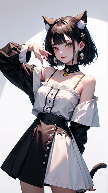 (highest quality, masterpiece, High resolution)、(Anime Art)、,Cinematic Light、Soft Light、1 girl、Some girls、Black Hair、Black Cat Costume、White Cat Costume、Tabby cat costume、Striped cat costume、Persian Cat Costume、3-color cat costume、(Loose fitting T-shirt)、Loose fitting shirt、Off the shoulder、sexy mini dress、Cat ear、Bobcut、semi-long、Hair Bun、hair ornaments、choker、Cute facial details、Captivating smile、Small breasts、whole body、(Cat Pose)、Beckoning、play、(Kiss each other&#39;nose)、dance、busy、Cat jarashi、Crackers explode、 Decoration、((White Background))、