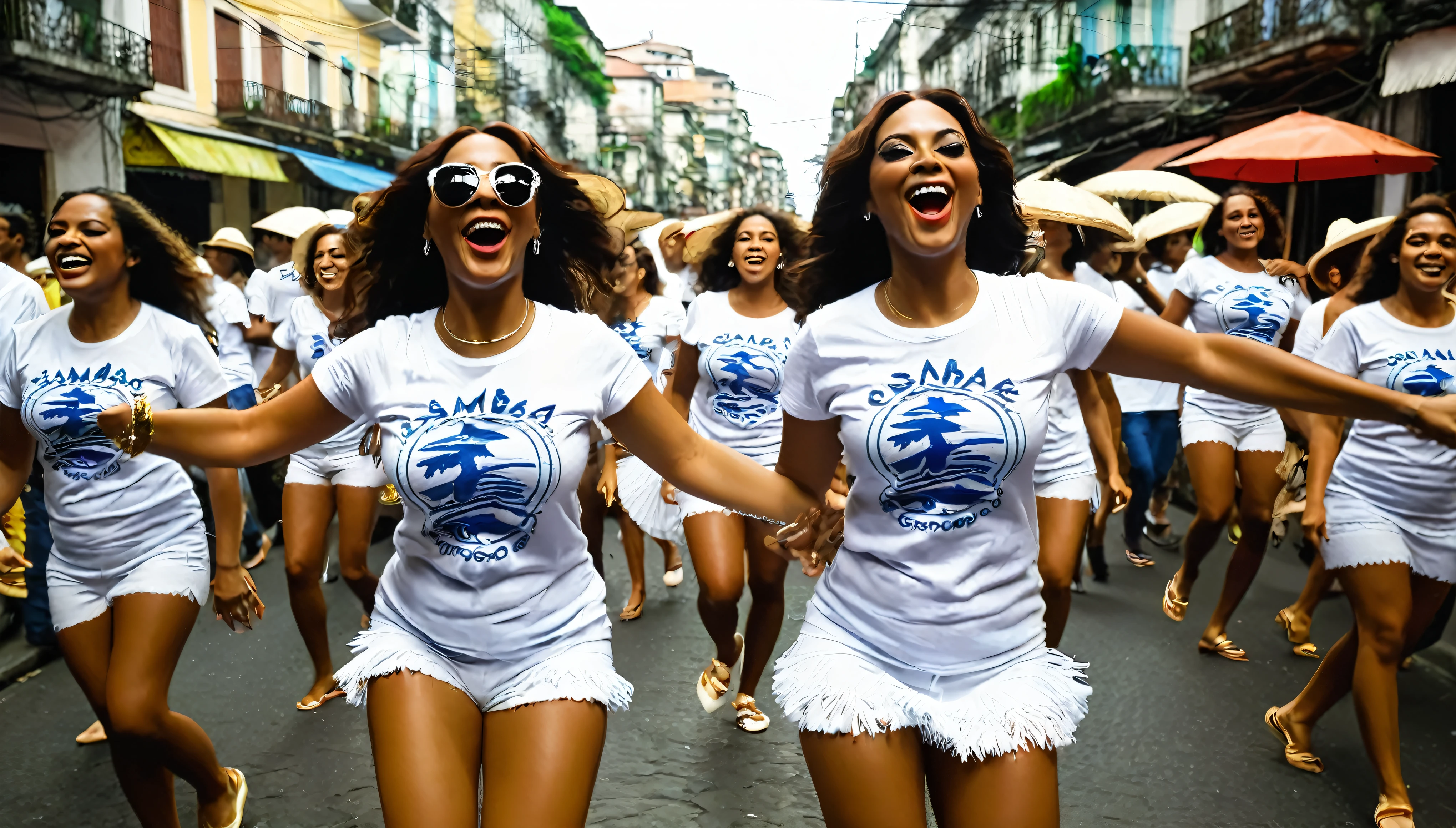 Roda de pagode na rua((grupo de samba carioca)); mulher de camiseta branca, dancing(((samba))) no Rio de Janeiro. rascunho de um desenho