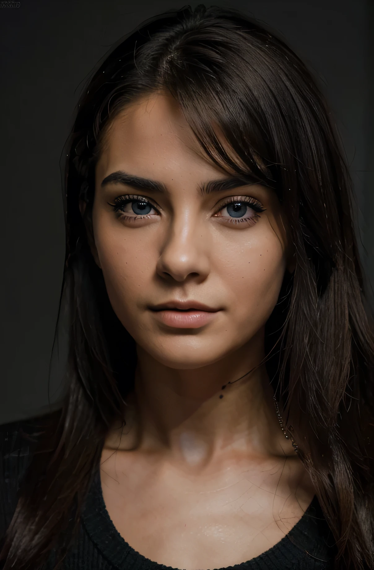 Obra maestra mejor calidad, ultra detallado, intrincadamente detallado hiperdetallado, realista, Sharp Features, Muy detallado, Sharp focus, cara perfecta, cara perfecta, Symmetrically perfect perfect eyes, labios carnosos perfectos, senos perfectos, Forma femenina flexible, cinematographic, movie light, hiper detallado, hyper realista, high resolution, vibrante, Dynamic studio lighting, NSFW, ((fondo oscuro)), cara sexy, Expresiones faciales al recibir placer., flequillo recto, pechos grandes, escote expuesto, blue Eyes,black sweater, tiro de vaquero,