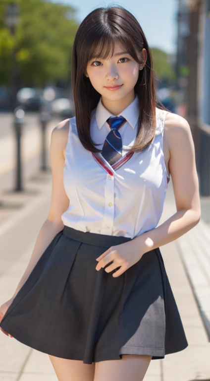 ((masterpiece, highest quality)), (alone), Narrow eyes, The tip bounces outwards,Large Breasts, Waist-length hair, Ample breasts,Cleavage,Soft thighs, Soft Skin,Slanted Eyes,20-year-old,Big dark blue eyes (Very fine), outstanding features, Perfect Anatomy, Centered, Perfect distance, Very fine, Complex, Accurate and Very fine, Rich colors, Rich colors, Accurate, clean, Rich colors, Accurate, clean, clean Rich colors Exquisite color, Exquisite detail, Golden ratio illustrations,Confession、The whole body is visible、smile、Beautiful feet、Close-fitting clothing,shy,Beach,Beautiful maid,White Dress、Sleeveless、clothes fluttering in the wind,Micro Mini Skirt、Wet Skin