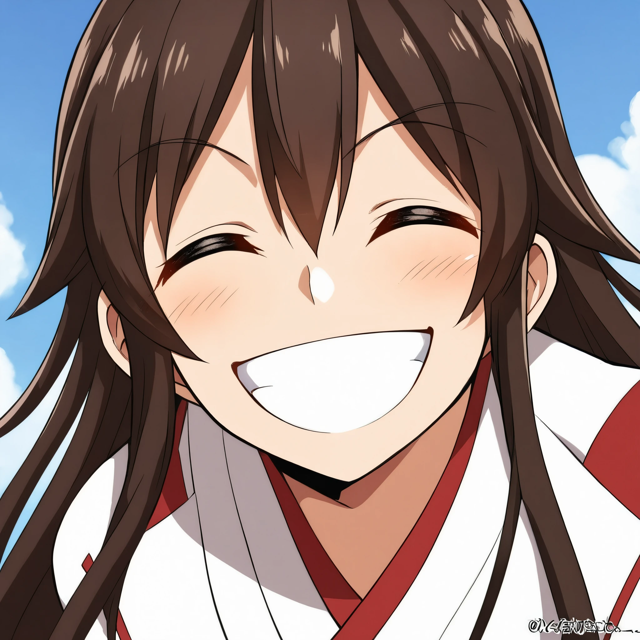 face focus, portrait, happy, smile, teeth, akagi \(kancolle\), long_hair, black_hair, closed eyes, miko clothes, 1girl, solo, (masterpiece:1.6, best quality),
