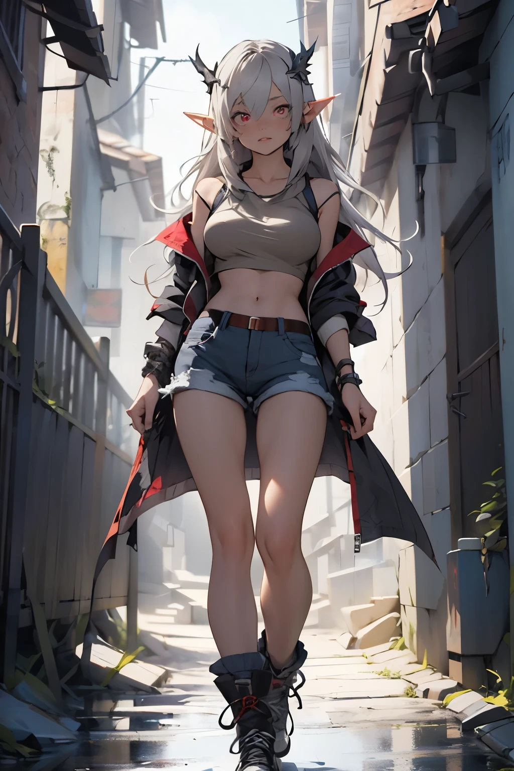 full-length perspective of a young beautiful little elf vampire with long ashen hair, red eyes, light open dark top, denim shorts, Czech shoes without fasteners, beautiful slightly open breasts, breasts of the second size, short legs in excellent quality