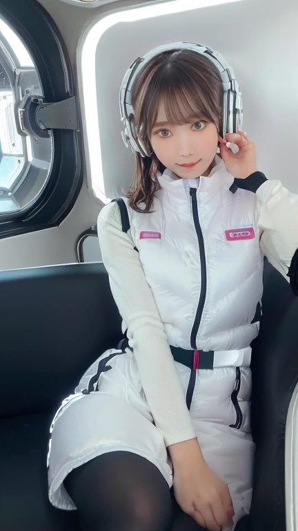 (masterpiece:1.5)、(Realistic:1.5)、(highest quality:1.4、8k、RAW Photos)、
Ultra-high resolution、Professional Lighting、Perfect dynamic composition、Photographed indoors、
Film Grain、chromatic aberration、(Bokeh:1.1)、
Frank、Sophisticated、charm、Ultra-realistic、Attention to detail、Golden Ratio、
(1 girl)、Slender girl、Delicate and charming girl、Cute Woman:1.4、
Serious expression、Looking at the audience、Sculptural installation、Sit on the sofa and relax、
Light brown hair、Shiny Hair、Hairstyle: Ponytail、
real skin、
Shut your mouth.、Beautiful Eyes、double eyelid、Thin arms、、
、Show off your thighs,(astrovest):5,(shiny white log downvest):3,BREAK ((Detailed face, Professional photography)), ((NSFW, zettai ryouiki, 1 girl)), Ultra-high resolution, (Realistic: 1.4), RAW Photos, highest quality, (PhotoRealistic Stick), concentrated, Soft Light, ((30 years old)), ((Japanese)), (( (Young Face))), (surface), (Depth of written boundary), masterpiece, (Realistic),(inside ISS):3, woman, ,astrovest:2,headphone:2,smartwatch,,bangs, ((1 girl)),(black sleeves):2,(black tights):2,inside spacestation,inside spacecraft,,zero gravity,smile,open leg,blush:1.5,hidden hands,neotech
