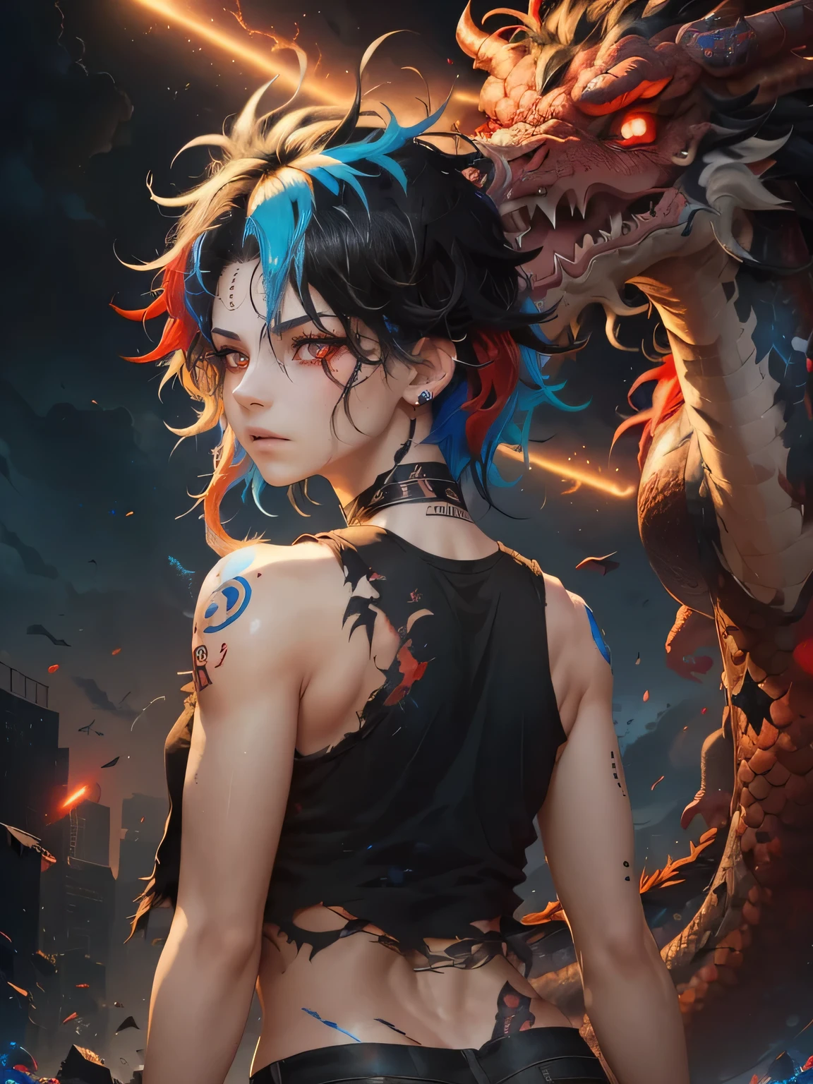 a girl, ((wearing sleeveless t-shirt: 1.2, tearing, torn: 1.3)), ((black pants, tearing, torn:1.3)), (((rear view: 1.5))), (((reddish sky, ash in the air))), (((big dragon in the background, dragon with open mouth, big dragon behind the girl))), beautiful background: 1.3))), makeup, glued face, red lips, crazy smile, piercing , ear piercing (highlighted hair, black hair, red and blue hair, messy hair, medium and bright hair, hair color:1.4), (eyeball, red eyes:1.2, sparkling pupils), body covered in tattoos, image with skin glow, high detail, motion lines, Ray tracing, masterpiece, best quality, 8k, Ultra HD, high resolution, high details, cinematic lighting, hyperrealism, textured skin, anatomically correct.