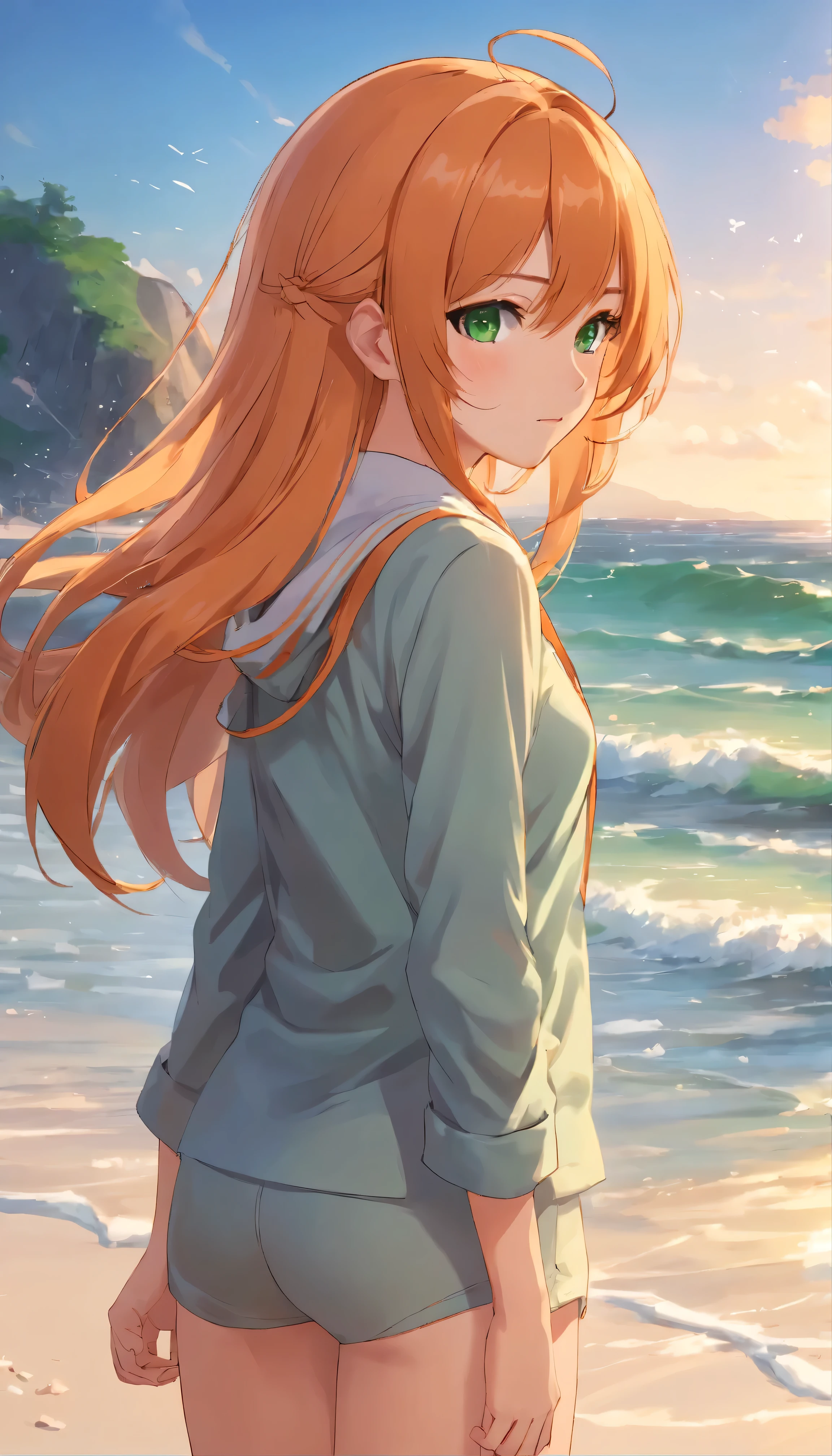 Anime girl with long orange hair, standing on the beach near the ocean, green eyes detailed digital anime art, cat ear, anime girl with long hair, гладкое аниме cg art, anime girl with long hair, digital anime art, work in Guweiz style, Beautiful anime portrait, Photorealistic render of an anime girl, pantyhose, Beautiful anime girl, advanced digital anime art, guweiz на artstation pixiv HD UHD HQ