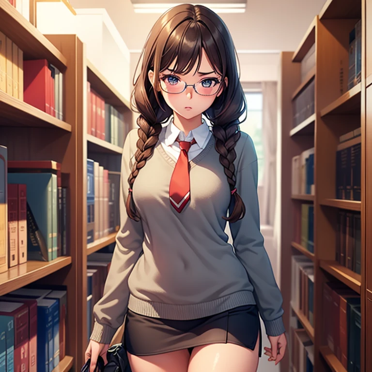 masterpiece, best quality, high resolution, UHD, 8k, ((cowboy shot)), BREAK, 1 girl, ((girl style anime)), Glossy skin, rounded eyes, beautiful eyelashes, realistic eyes, ((wearing glasses)), (detailed face, blushing:1.3), (photorealistic:1.2), sharp, Beauty of perfect body, shadow realistic perfect body, BREAK, medium breasts, ligth brown hair, with two long braids, wearing a blue school sweater with a red tie, miniskirt gray platead , shiny skin, BREAK, about to fall to the floor, shocked face, mouth open, with books in the air about to fall to the ground, in a library with a  lot books in the walls