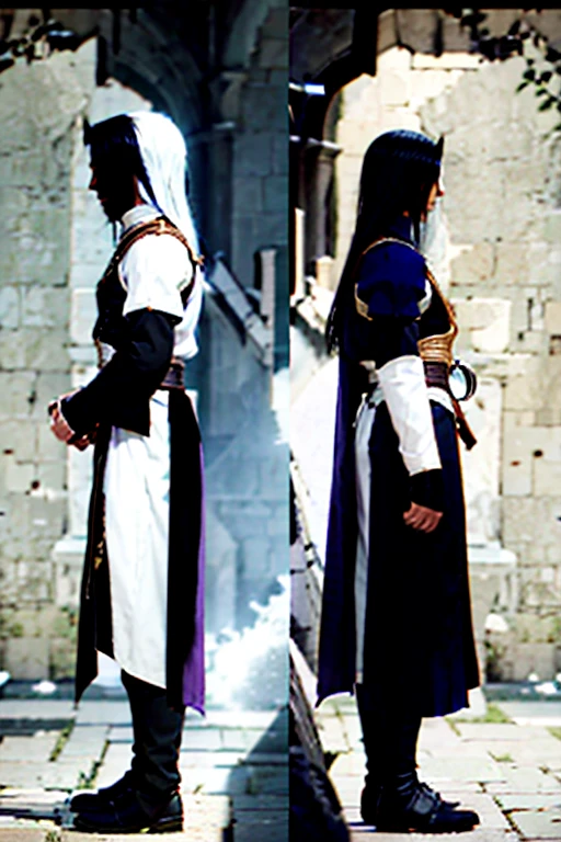 character sheet, full-length, front view and side view, rpg maker:: Swordsman, top-down Castlevania style, spritesheet rpgmaker:: --ar 7:5