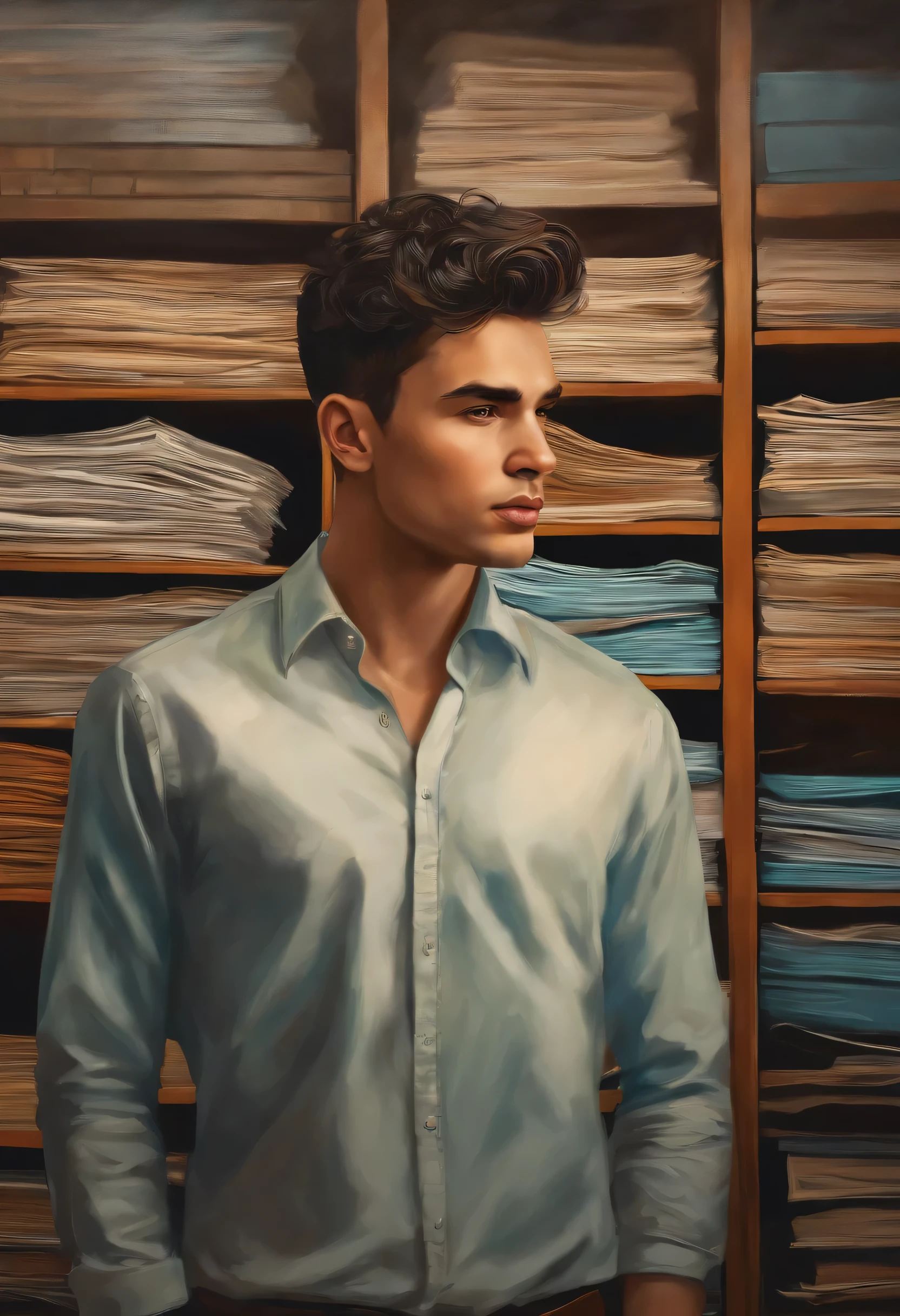 (best quality, artwork), behind, a young man who is just starting in social work, in a commercial office, there are many documents to handle, distressed.
