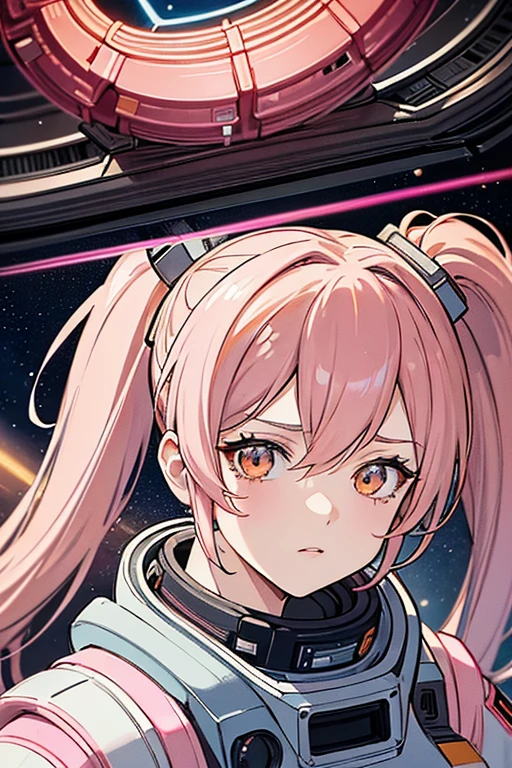 intricated details, gorgeous 25 year old woman, ponytails, pink hair, wearing a space dress white and orange, serious looking but somewhat cute, looking at the viewer, in a space station, close up, anime style, digital art, 8k