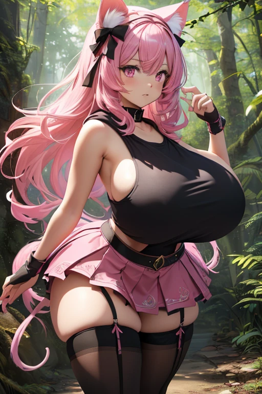 masterpiece, best quality, high resolution, uhd, 4k, 1girl, (pink hair, long hair, detailed hair, cat ears, pink eyes, black hair ribbons:1.2), (adventurer’s outfit, hood, tank top, skirt, thigh highs:1.2), forest, (curvy, slim waist, huge breasts, bottomheavy, gigantic thighs, extremely wide hips:1.1)