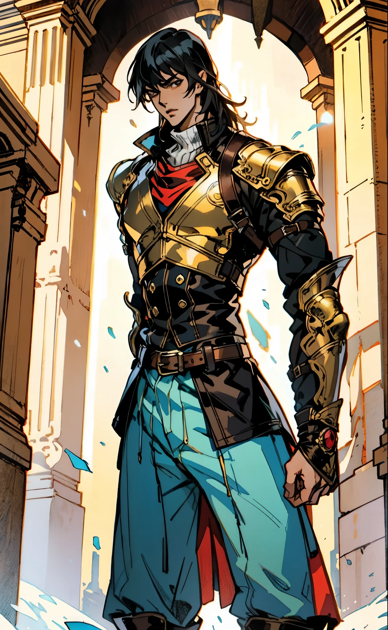 A man with medium-length black hair, arched side-swept bangs, slender eyes, an oval face, refined features, confident expression, tall and slender physique, a fantasy-style leather coat with a leather chest protector on top, wrist guards, fabric trousers with a long hem, a belt buckle featuring a square pattern, primarily in brown with black and red accents, the backdrop of a magnificent fantasy-style giant city gate, this character embodies a finely crafted fantasy-style scout in anime style, exquisite and mature manga art style, high definition, best quality, highres, ultra-detailed, ultra-fine painting, extremely delicate, professional, perfect body proportions, golden ratio, anatomically correct, symmetrical face, extremely detailed eyes and face, high quality eyes, creativity, RAW photo, UHD, 32k, Natural light, cinematic lighting, masterpiece-anatomy-perfect, masterpiece:1.5