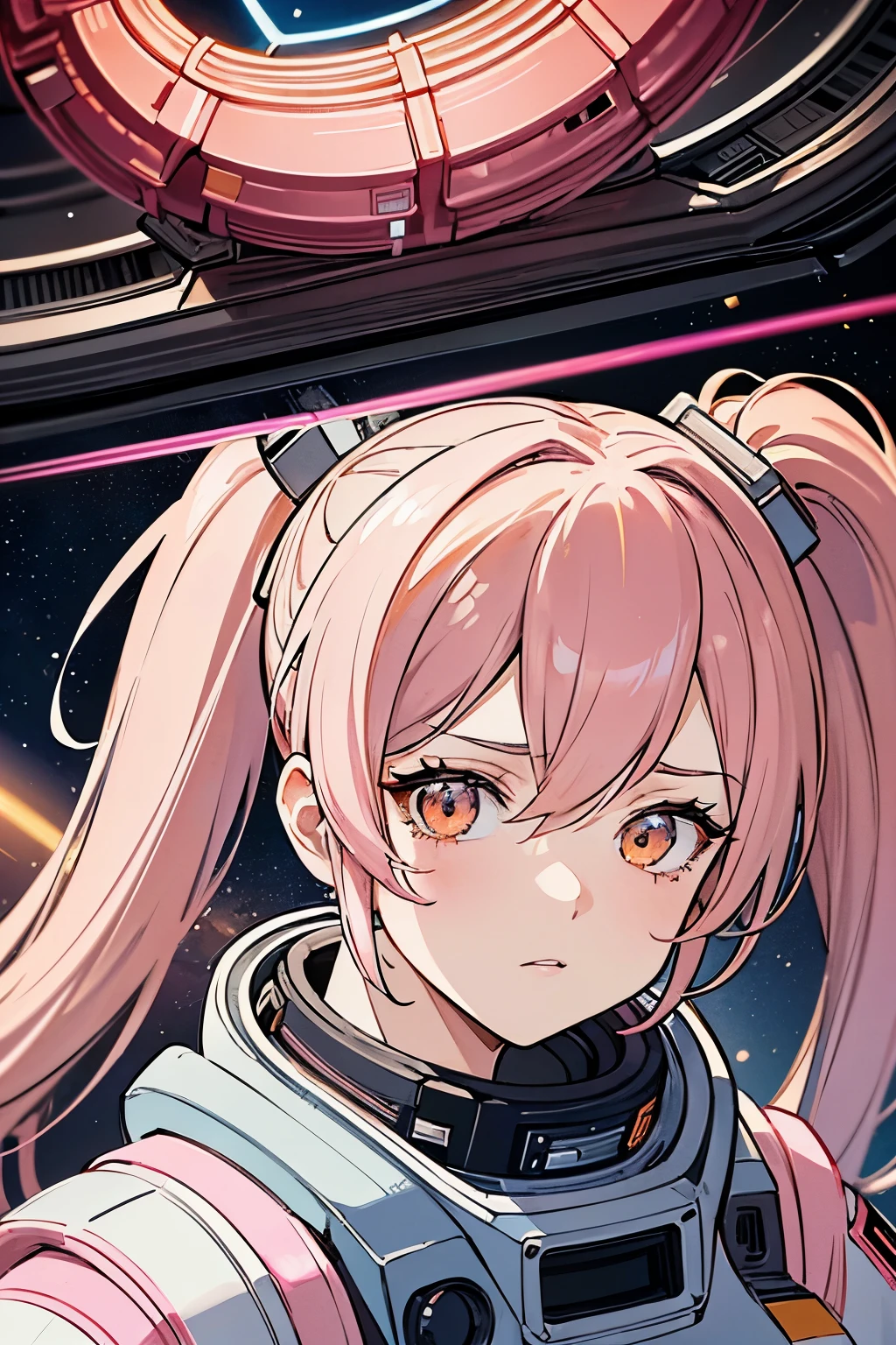 intricated details, gorgeous 25 year old woman, ponytails, pink hair, wearing a space dress white and orange, serious looking but somewhat cute, looking at the viewer, in a space station, close up, anime style, digital art, 8k