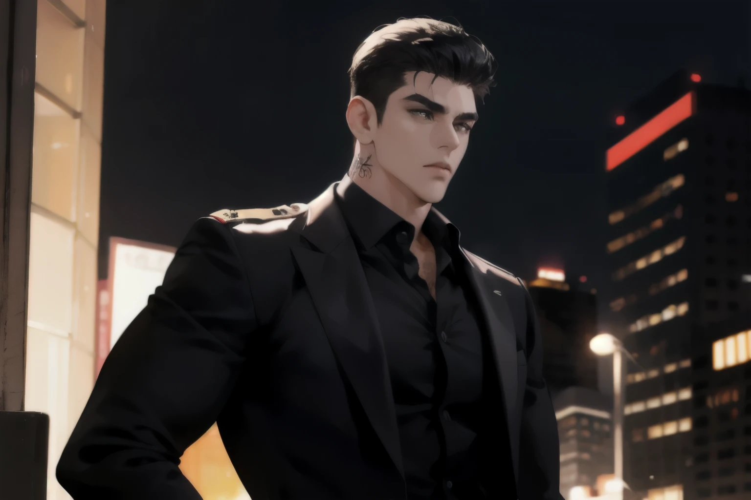 masterpiece, close-up of a man, he has short black hair with a military cut and shaved on the sides (top part of the hair on top 3:7 ratio), (black eyes), Cold look, sharp eyes, stern face , raw appearance, Background, white Background, tallest man, 36 years old, (absurd, high resolution, ultra detailed, realistic, ), 1 man, Alone, mature, tall muscular guy, broad shoulders, handsome, angular jaw, neck thick, thick eyebrows, night, Dark, the night view of the city Background, open black shirt, black pants, black suit, torso, tattooed, tanned, almost dark, Italian skin