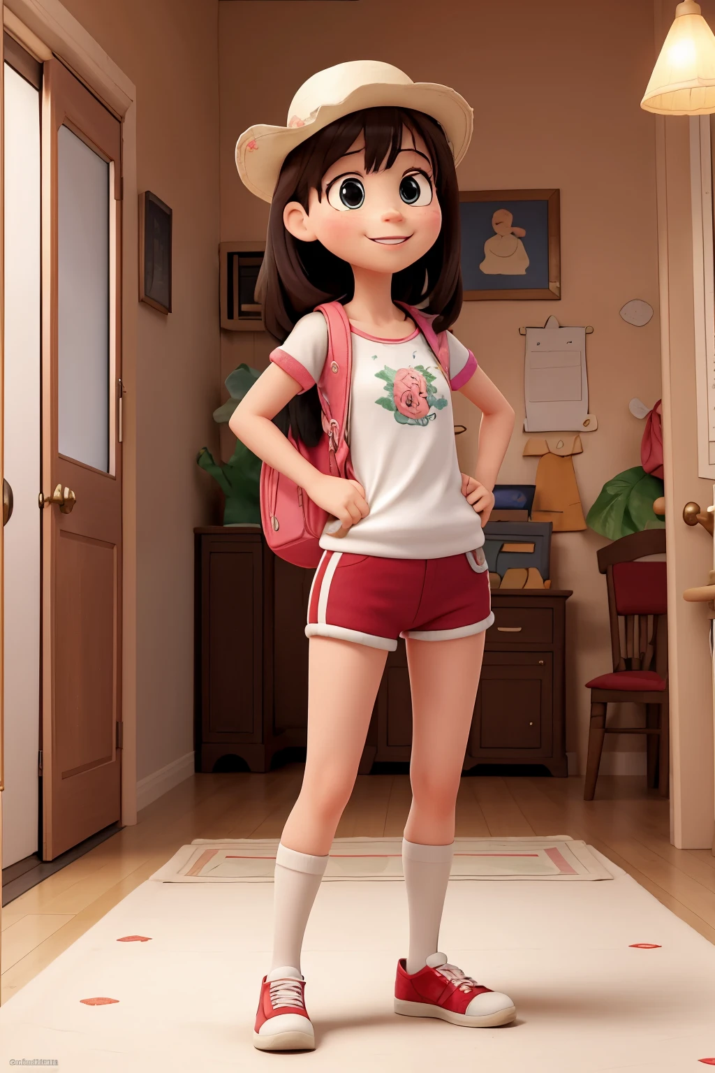 obra de arte, melhor qualidade, high resolution, extremamente detalhado, fundo detalhado, cinematic lighting, 1 garota, olhando para o espectador, parque, vestido branco, sunhat, sorriso, wearing mochila randoseru, (mochila randoseru:1.0), standing