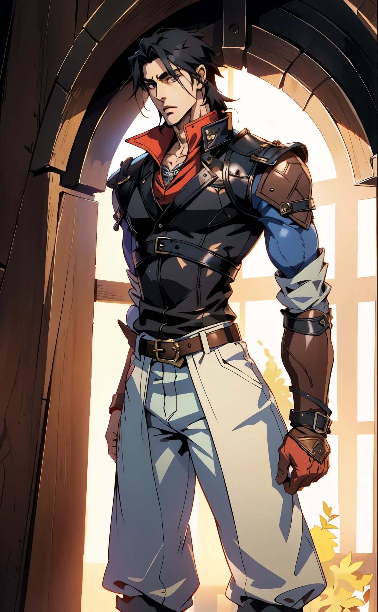 A man with medium-length black hair, arched side-swept bangs, slender eyes, an oval face, refined features, confident expression, tall and slender physique, a fantasy-style leather coat with a leather chest armor on top, wrist guards, fabric trousers with a long hem, a belt buckle featuring a square pattern, primarily in brown with black and red accents, the backdrop of a magnificent fantasy-style giant city gate, this character embodies a finely crafted fantasy-style scout in anime style, exquisite and mature manga art style, high definition, best quality, highres, ultra-detailed, ultra-fine painting, extremely delicate, professional, perfect body proportions, golden ratio, anatomically correct, symmetrical face, extremely detailed eyes and face, high quality eyes, creativity, RAW photo, UHD, 32k, Natural light, cinematic lighting, masterpiece-anatomy-perfect, masterpiece:1.5