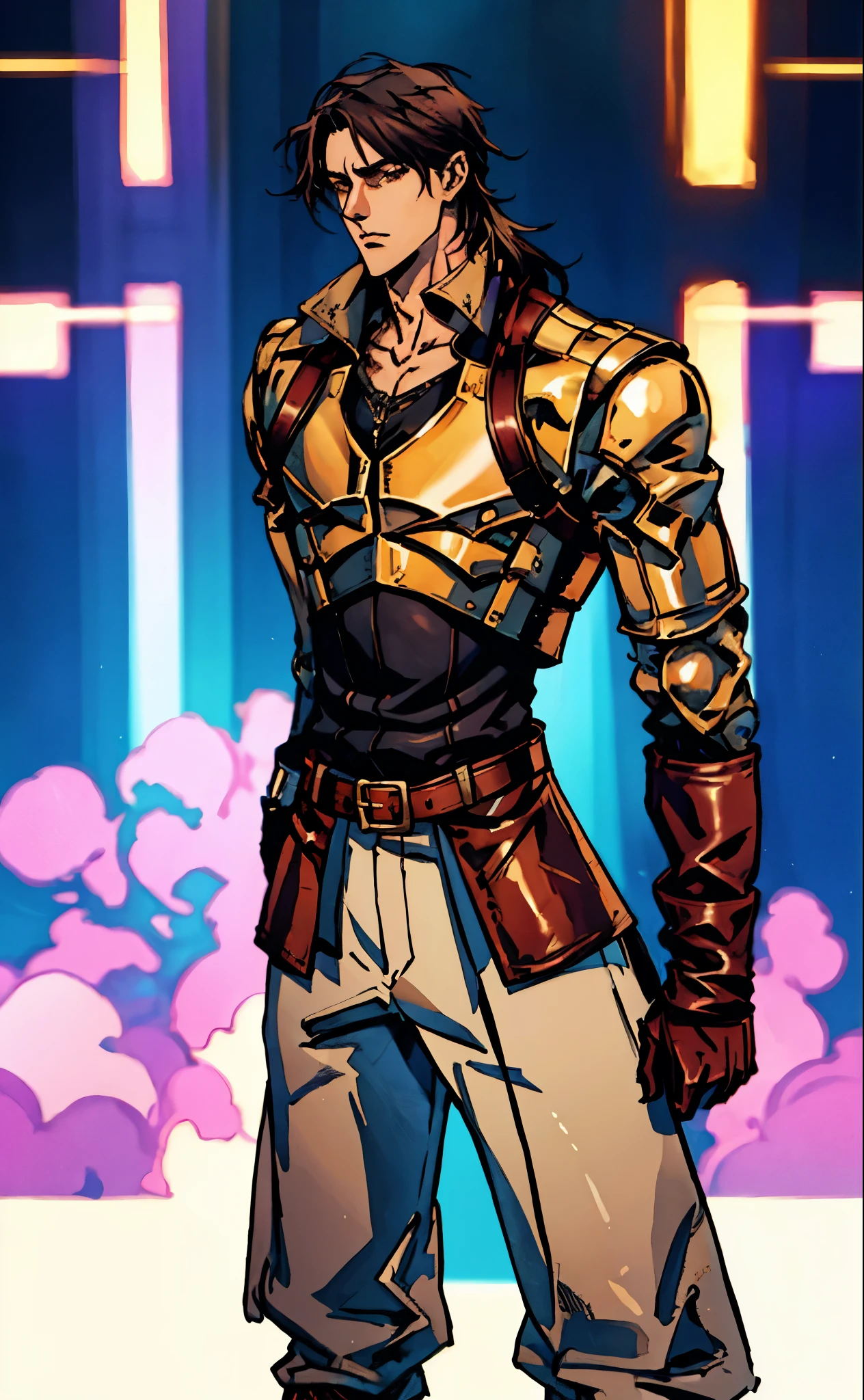 A man with medium-length black hair, arched side-swept bangs, slender eyes, an oval face, refined features, confident expression, tall and slender physique, a fantasy-style leather coat with a leather chest armor on top, wrist guards, fabric trousers with a long hem, a belt buckle featuring a square pattern, primarily in brown with black and red accents, the backdrop of a magnificent fantasy-style giant city gate, this character embodies a finely crafted fantasy-style scout in anime style, exquisite and mature manga art style, high definition, best quality, highres, ultra-detailed, ultra-fine painting, extremely delicate, professional, perfect body proportions, golden ratio, anatomically correct, symmetrical face, extremely detailed eyes and face, high quality eyes, creativity, RAW photo, UHD, 32k, Natural light, cinematic lighting, masterpiece-anatomy-perfect, masterpiece:1.5