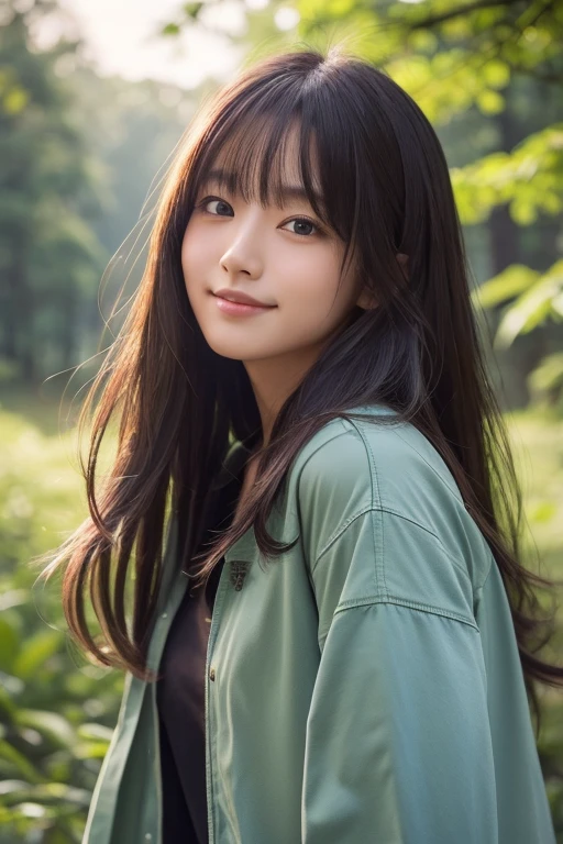 1 girl、Upper Body、close、Laughter、、(8k、RAW Photos、highest quality、masterpiece:1.2)、(Realistic、photo Realistic:1.37)、((Cowboy Shot:1.4))、Delicate and detailed features、Japanese students、He is wearing a moss green windbreaker over a white sweatshirt..、(((Best image quality))),small、Fine skin, (Beautiful Hair), (perfection Anatomy), (Realistic), (Dynamic Angle), Seductive pose,perfection,Sensual look、highest quality、High resolution、Fluffy long hair、The background is a forest、