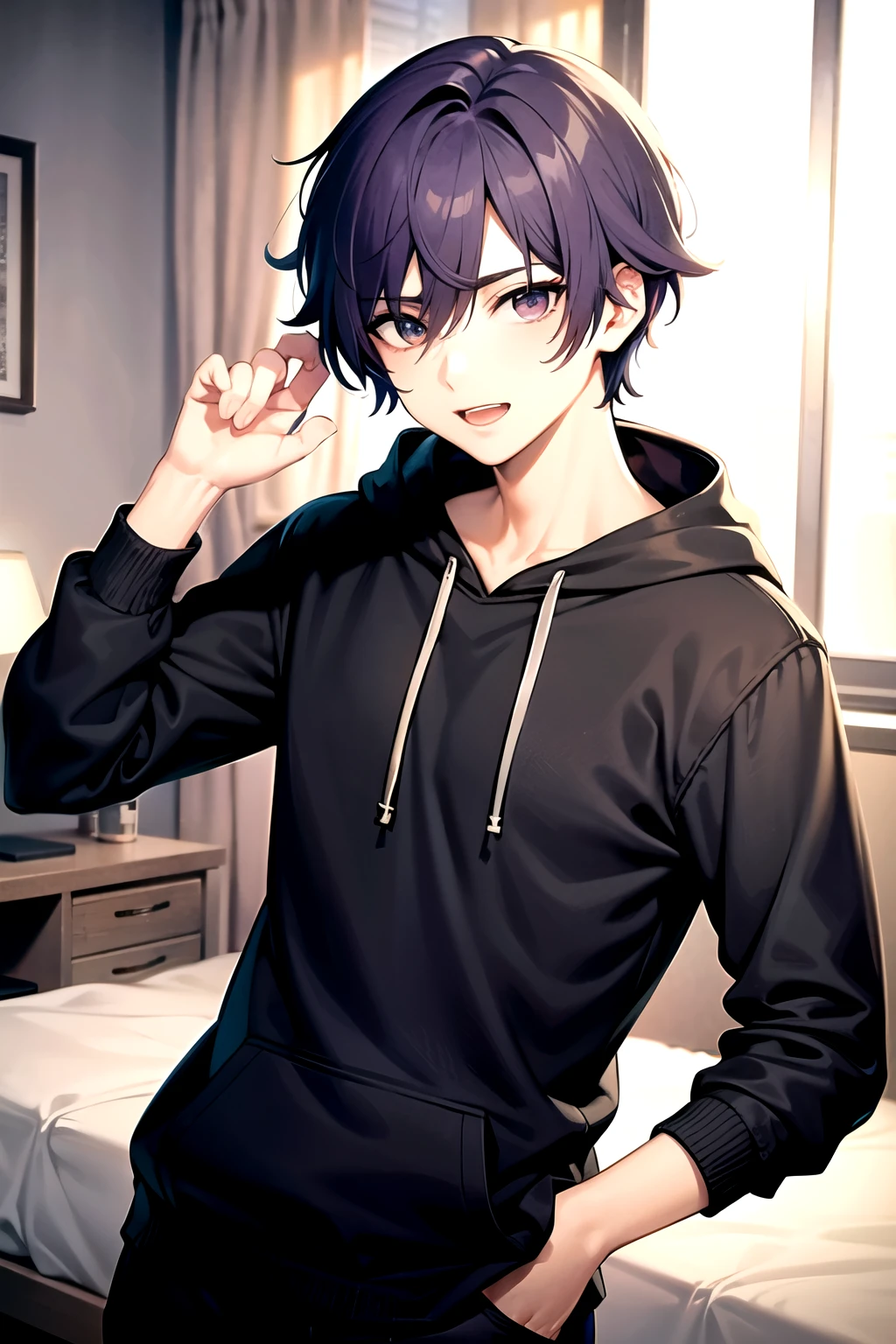 Anime boys with purple hair, male anime,  man, face look at camera, left hand in back of head and right hand in the middle, use grey hoodie, the background is gaming bedroom, 4k quality image, best quality, hd picture. 