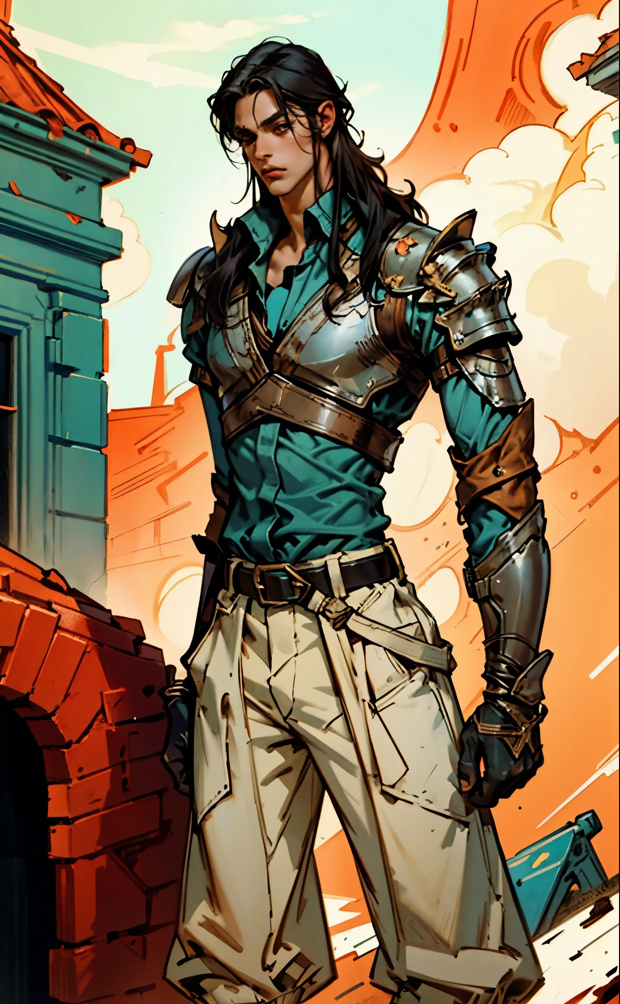 A man with medium-length black hair, arched side-swept bangs, slender eyes, an oval face, refined features, confident expression, tall and slender physique, a fantasy-style leather coat with a leather chest armor on top, wrist guards, fabric trousers with a long hem, a belt buckle featuring a square pattern, primarily in brown with black and red accents, the backdrop of a magnificent fantasy-style giant city gate, this character embodies a finely crafted fantasy-style scout in anime style, exquisite and mature manga art style, high definition, best quality, highres, ultra-detailed, ultra-fine painting, extremely delicate, professional, perfect body proportions, golden ratio, anatomically correct, symmetrical face, extremely detailed eyes and face, high quality eyes, creativity, RAW photo, UHD, 32k, Natural light, cinematic lighting, masterpiece-anatomy-perfect, masterpiece:1.5
