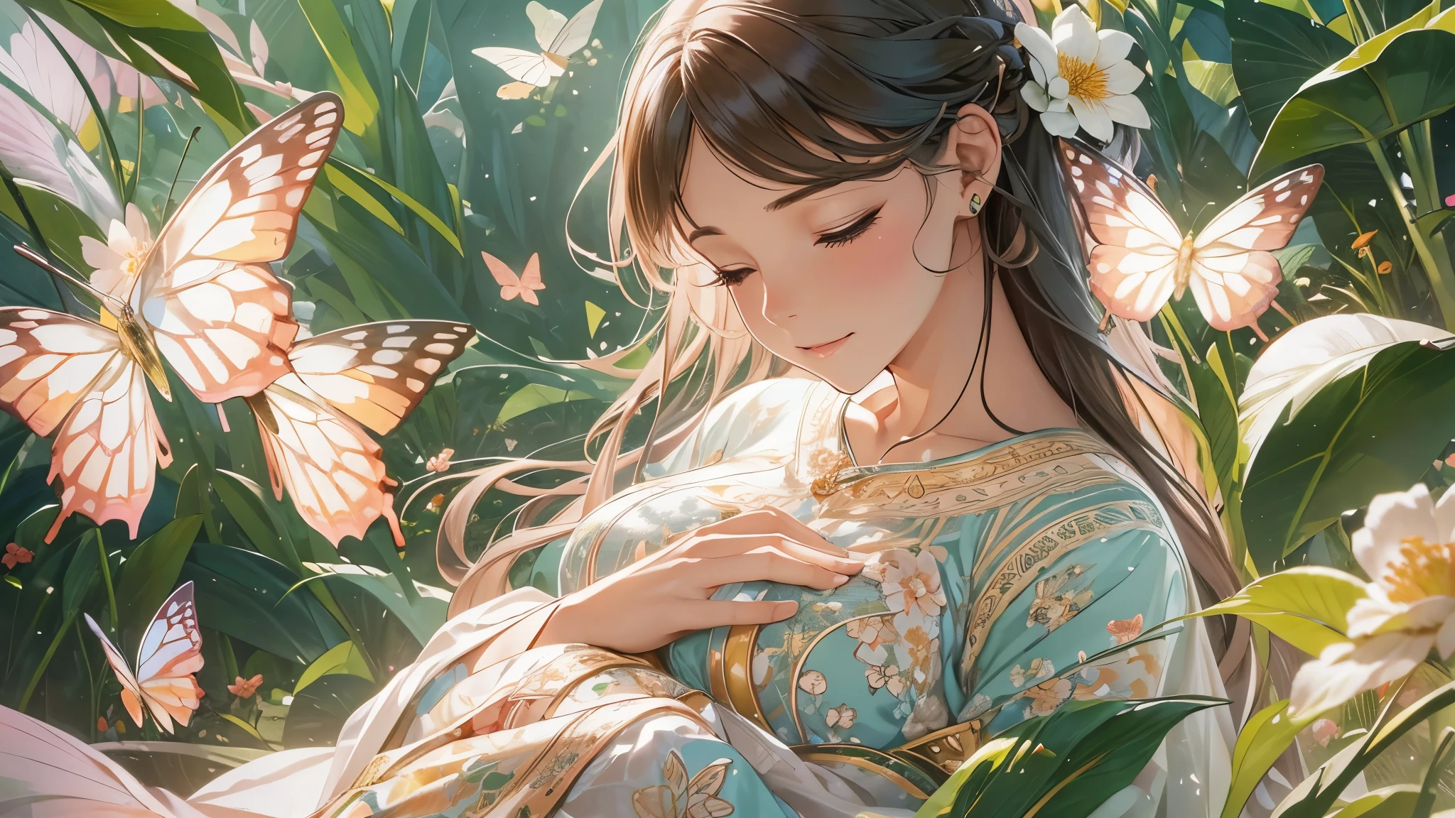 (best quality,4k,8k,highres,masterpiece:1.2),ultra-detailed,(realistic,photorealistic,photo-realistic:1.37),In a garden,pregnant woman,butterflies,serene atmosphere,soft sunlight,floral backdrop,gently caressing breeze,vibrant colors,beautiful detailed eyes,beautiful detailed lips,long eyelashes,pregnancy glow,nurturing hands and belly,blooming flowers around her,sense of calm and contentment,peaceful expression.

This is a prompt for a high-quality image generated by stable diffusion.。A picture of tranquility and harmony，Depicting a pregnant woman in a garden，Butterflies flutter around her。In the picture, gentle sunlight shines on her through the leaves.，Flowers bloom in a variety of bright colors。This woman has a pair of beautiful and delicate eyes，The soft sunlight sets off her sweet smile，The long eyelashes dance gently。Her hands gently stroked her belly，Demonstrating a maternal strength。Around her，The flowers are blooming so beautifully，Create an atmosphere of tranquility and peace。The whole picture exudes a sense of peace and contentment。