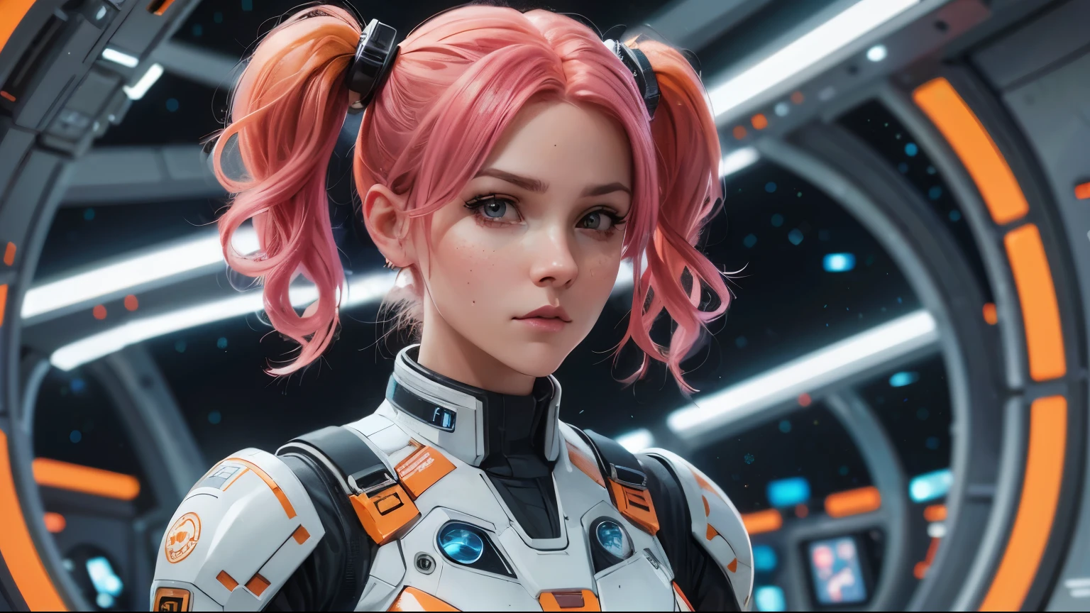 intricated details, gorgeous 25 year old woman, ponytails, pink hair, wearing a space dress white and orange, serious looking but somewhat cute, looking at the viewer, in a space station, close up, anime style, digital art, 8k