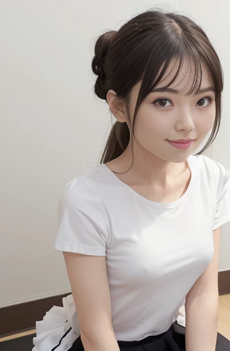best quality, detailed, beautiful, insanely detailed, absurdres,perfect anatomy,
Japanese female,black hair,27 years old,
(slender),
(small breasts best quality),
NSFW,cheerful grin, squatting, legs spread, (hands tied behind head:1.2), topknot, white t-shirt,white frilled skirt, full body shot, (front view:1.3)