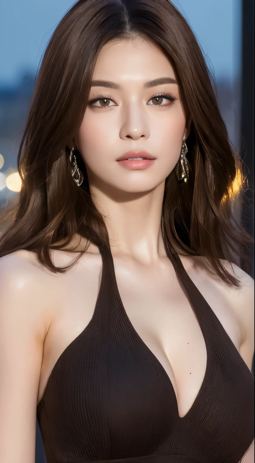 ((highest quality, 8k, masterpiece: 1.3)), Sharp focus: 1.2, Perfect figure: 1.4, Slim Abs: 1.2, ((Dark brown hair, big breasts: 1.4)), dress: 1.1), City of night, Highly detailed face and skin texture, Beautiful Eyes, double eyelid
